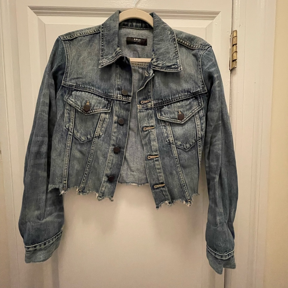 Able Distressed Denim Cropped Jacket, Medium